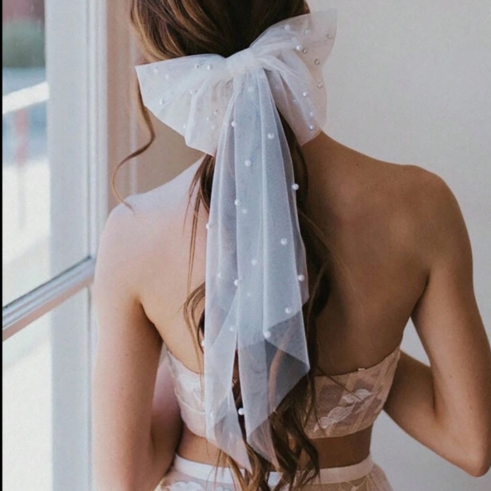 Pearl Tulle Bridal Bow Polka Dot Veil Clip Romantic Bride Hair - Picture 3 of 6